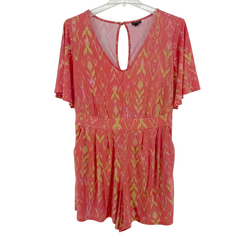 Torrid Coral Yellow Ikat Print Flutter Sleeve Empire Waist Romper‎ Size 1X